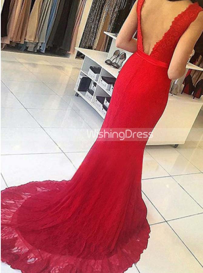 Red Lace Evening Dresses,Simple Fitted Prom Dress,PD00448, US14 / Red