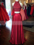 Red Two Piece Prom Dress,Satin Floor Length Evening Dress,Prom Dress with Slit PD00078
