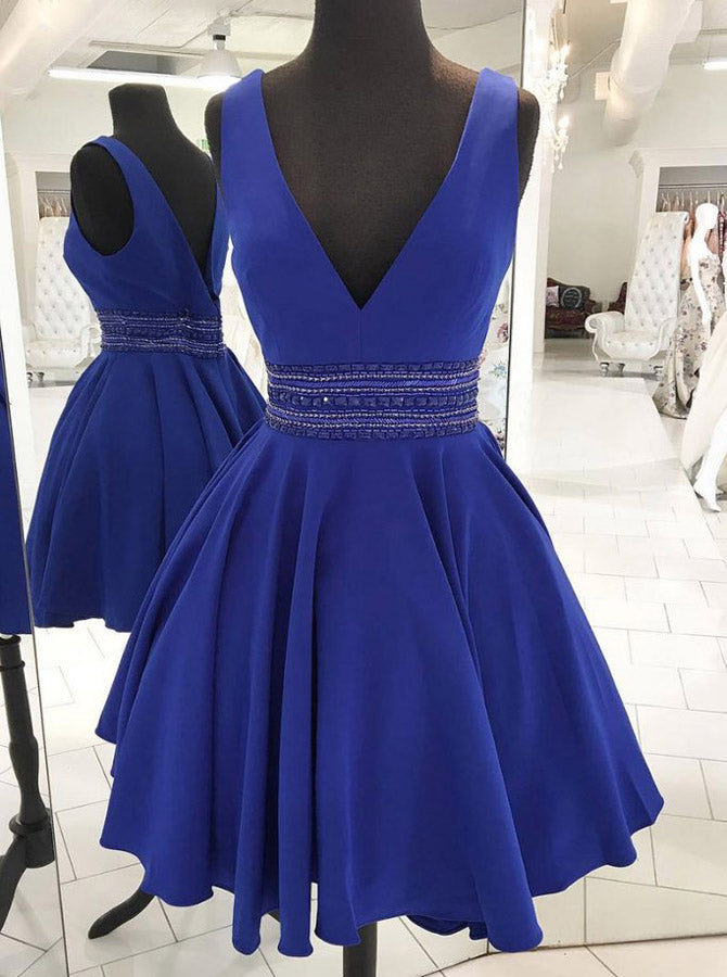 Royal Blue Cocktail Dresses,A-line Simple Party Dresses,V-neck