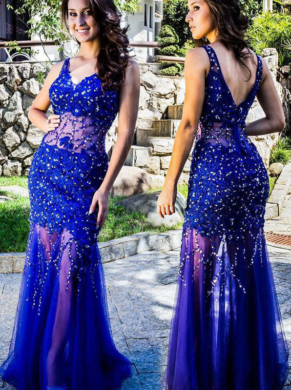 Royal Blue Column Prom Dress,Sexy Tulle Floor Length Evening Dress,Lace See Through Dress PD00132 Royal Blue Column Prom Dress,Sexy Tulle Floor Length Evening Dress,Lace See Through Dress PD00132