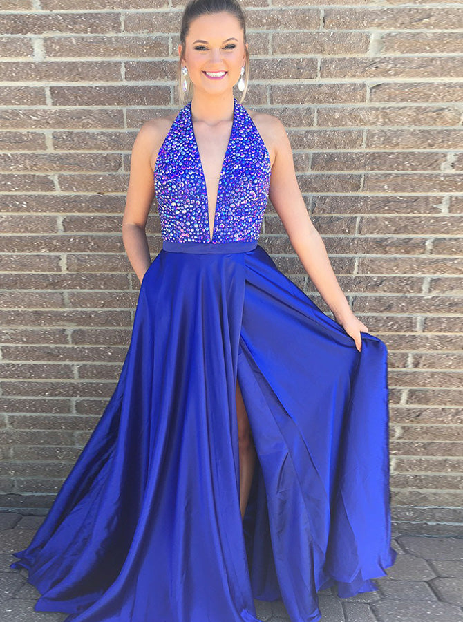 Royal Blue Prom Dresses,Elastic Satin Prom Dress,Prom Dress with Slit, - Wishingdress Royal Blue Prom Dresses,Elastic Satin Prom Dress,Prom Dress with Slit, - Wishingdress