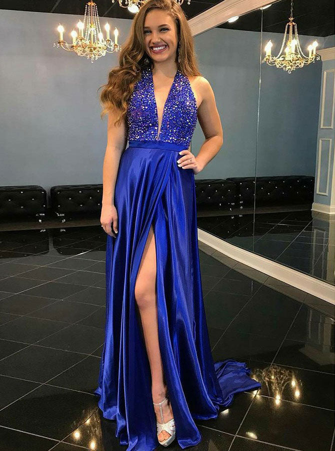 Royal Blue Prom Dresses,Elastic Satin Prom Dress,Prom Dress with Slit,PD00311