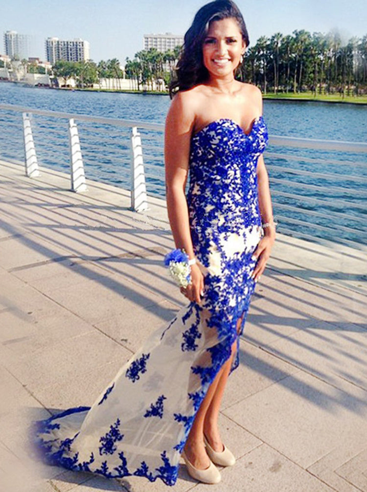Royal Blue Prom Dresses,Fitted Prom Dress,Strapless Prom Dress