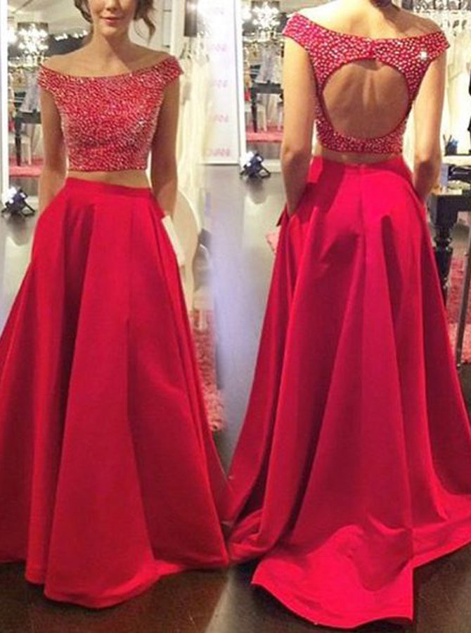 Two Piece Homecoming Dresses Dark Red Two-Piece Homecoming Dress With Sequined Crop Top And Full- Two Piece Homecoming Dresses Dark Red Two-Piece Homecoming Dress With Sequined Crop Top And Full-