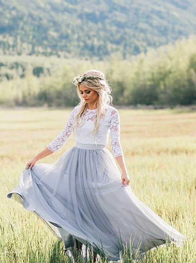 Rustic Wedding Dresses with Sleeves,Dusty Blue Wedding Dress Outdoor,WD00333