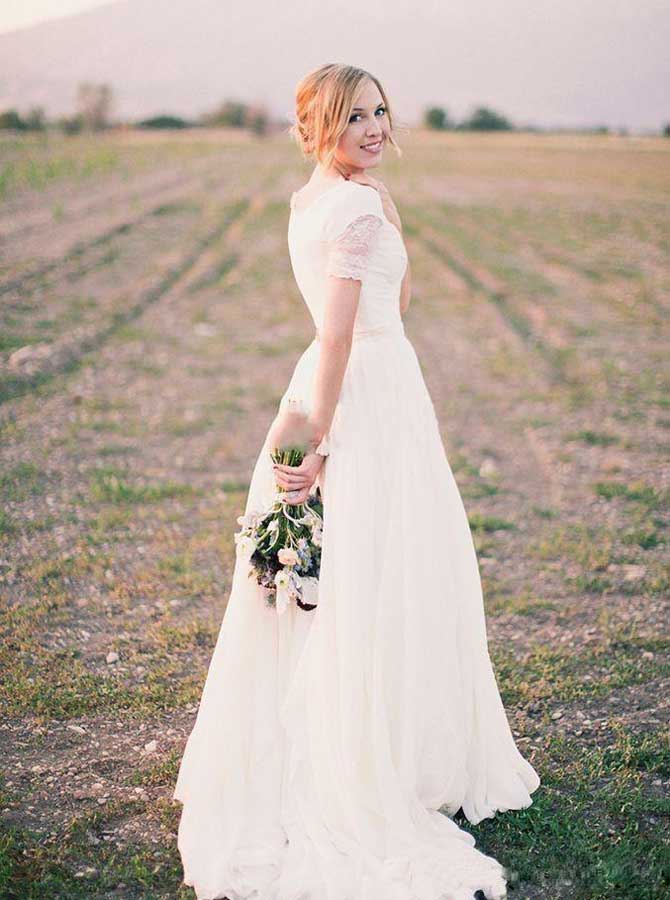 Chiffon Wedding Dresses with Short Sleeves,Garden Bridal Dress with Sweep Train,WD00323, US14W / White Chiffon Wedding Dresses with Short Sleeves,Garden Bridal Dress with Sweep Train,WD00323, US14W / White