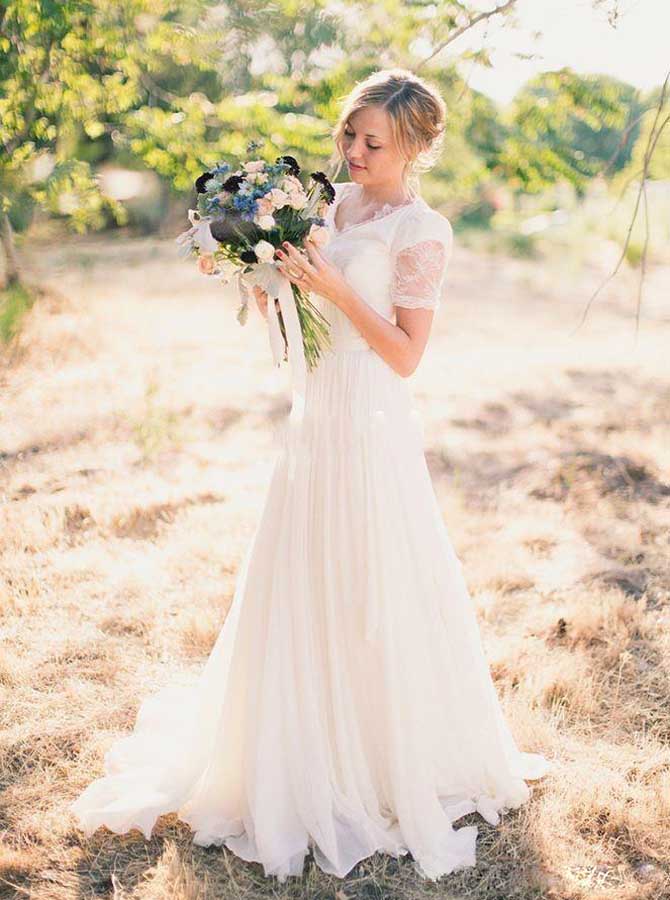 Chiffon Wedding Dresses with Short Sleeves,Garden Bridal Dress with Sweep Train,WD00323, US14W / White Chiffon Wedding Dresses with Short Sleeves,Garden Bridal Dress with Sweep Train,WD00323, US14W / White
