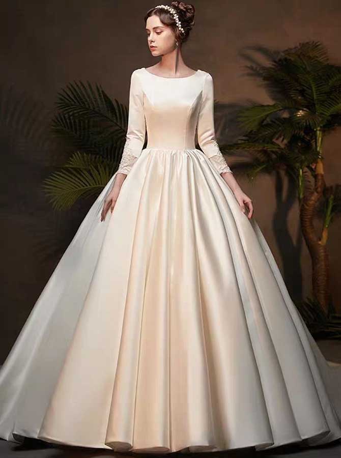 Satin Ball Gown Wedding Dress with Sleeves,Classic Bridal Gown,WD00371, US4 / White Satin Ball Gown Wedding Dress with Sleeves,Classic Bridal Gown,WD00371, US4 / White