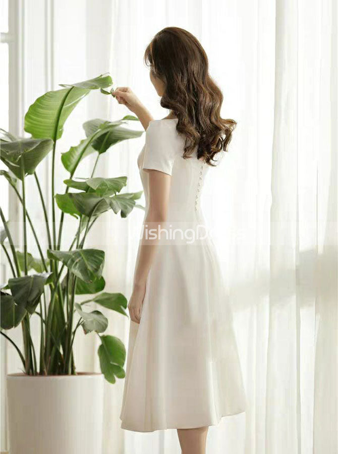 Satin Tea Length Wedding Dresses,Short Sleeves Wedding Reception Dress,WD00435, US4 / White Satin Tea Length Wedding Dresses,Short Sleeves Wedding Reception Dress,WD00435, US4 / White