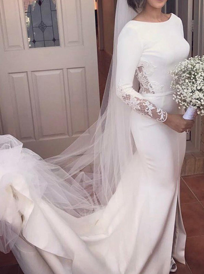Satin Wedding Dress Open Back,Long Sleeves Wedding Dress,Modest Wedding Dress,WD00401, US4 / Champagne Satin Wedding Dress Open Back,Long Sleeves Wedding Dress,Modest Wedding Dress,WD00401, US4 / Champagne