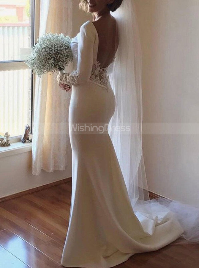 Satin Wedding Dress Open Back,Long Sleeves Wedding Dress,Modest Weddin - Wishingdress Satin Wedding Dress Open Back,Long Sleeves Wedding Dress,Modest Weddin - Wishingdress