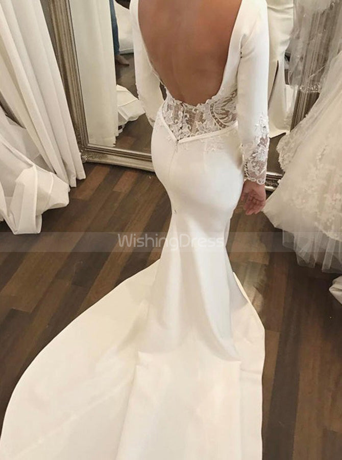 Satin Wedding Dress Open Back,Long Sleeves Wedding Dress,Modest Wedding Dress,WD00401, US4 / Champagne