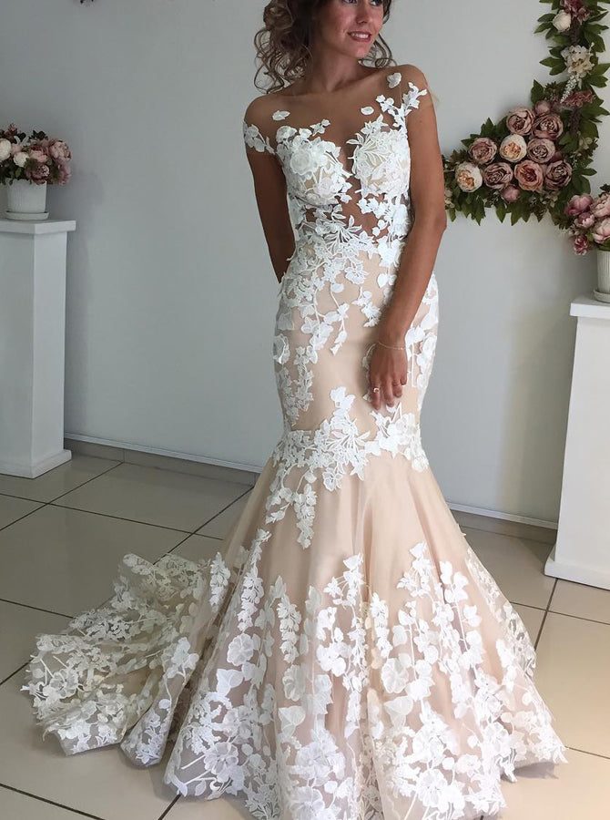 chinese dress ladies Unique Cap Sleeves V-Neck Appliques Mermaid Sweep Train Wedding Dresses main image 1