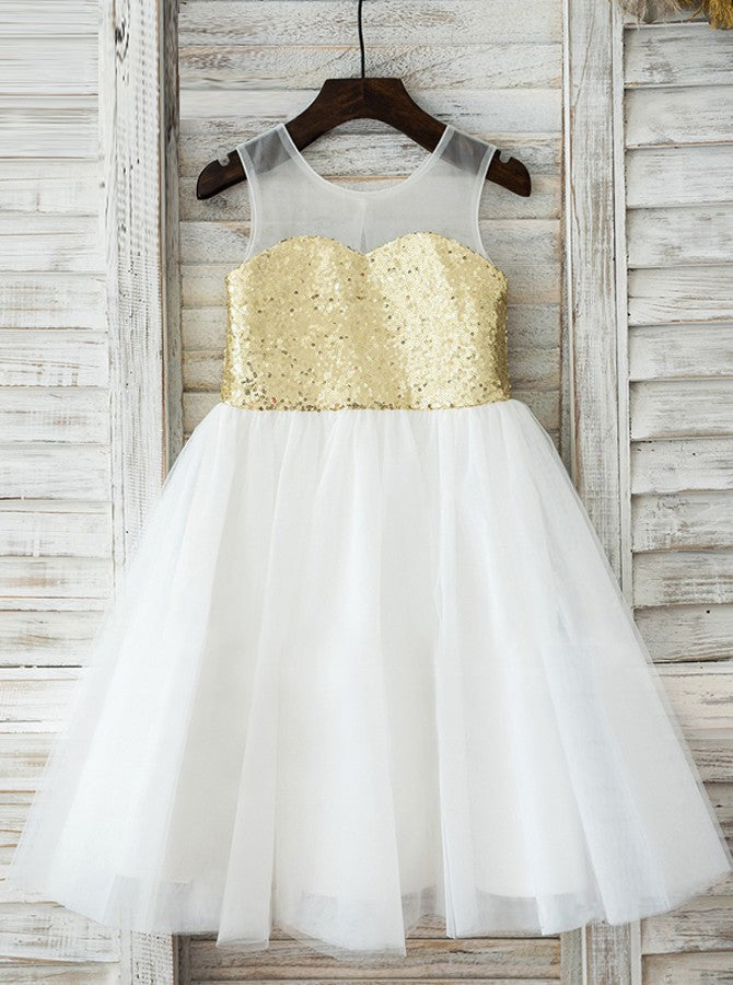 Sequined Flower Girl Dresses,A-Line Flower Girl Dress,Tea Length Flower Girl Dress,FD00040, Child5 / Gold
