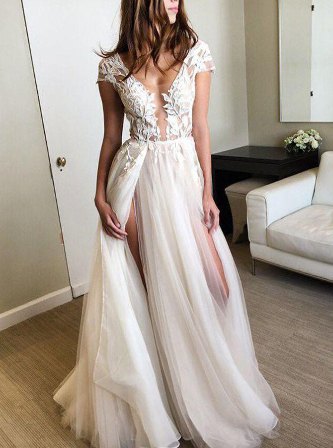 revealing wedding dresses Sensually Trumpet-Style Dress | Intricate Floral Guipure Lace | Daring Elegance and Allure | Bold and Confident Bride Natural 7 Sexy Wedding Dress with Slit,Illusion