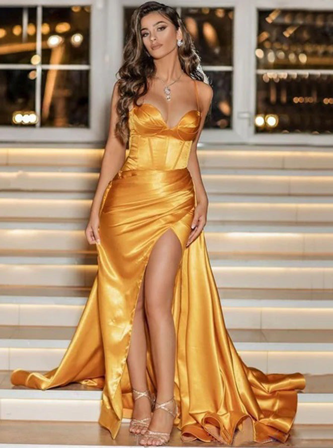 Sexy Gold Prom Dress with Corset Back,Long Evening Dresses with Slit,P -  Wishingdress