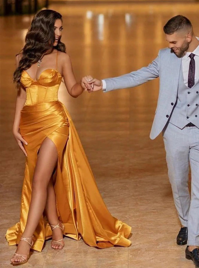 Sexy Gold Prom Dress with Corset Back Long Evening Dresses with Slit PD00478