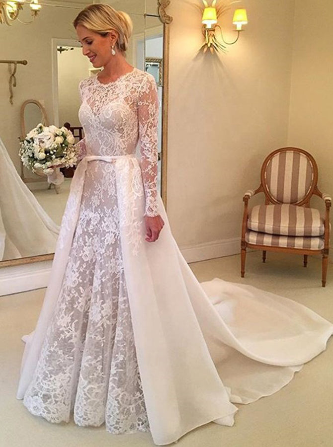 Sheath Lace Wedding Dress with Detachable Overskirt,Modest Wedding Dress with Long Sleeves,WD00615, US16W / Champagne Sheath Lace Wedding Dress with Detachable Overskirt,Modest Wedding Dress with Long Sleeves,WD00615, US16W / Champagne