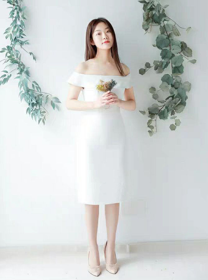Sheath Off the Shoulder Wedding Dress,Knee Length Reception Dress,WD00436, US6 / White