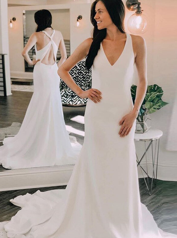 Sheath Satin Wedding Dress Simple Sexy Wedding Dress WD00625 US16W White