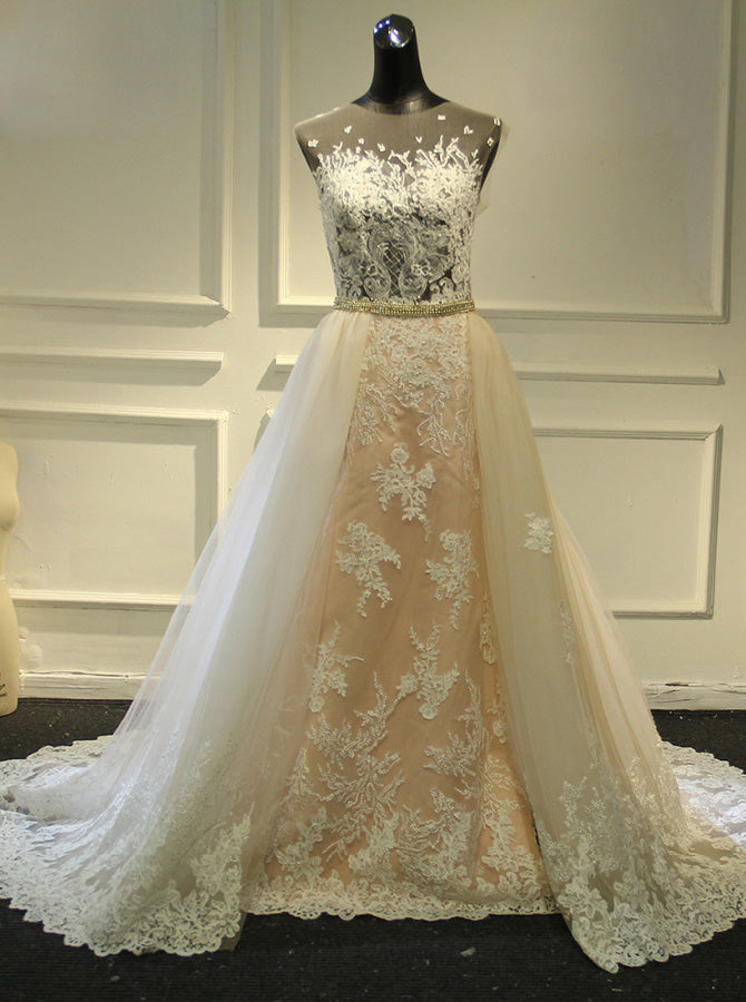Sheath Wedding Dress with Detachable Skirt,Stunning Wedding Dress Illusion,WD00390, US16W / Champagne Sheath Wedding Dress with Detachable Skirt,Stunning Wedding Dress Illusion,WD00390, US16W / Champagne
