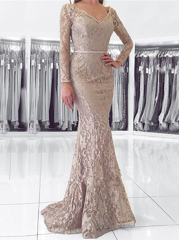Silver Mermaid Lace Evening Dress with Long Sleeves,Elegant Long Prom Dress PD00152, US14W / Royal Blue
