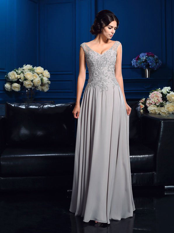 Silver Mother of the Bride Dresses,Long Mother Dress with V-neck,MD00063