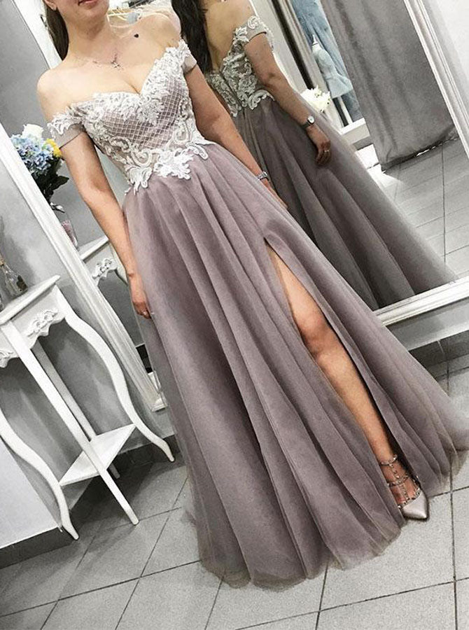 grey off the shoulder prom dress Prom Dress for Teens,Off the Shoulder Prom Dress with Slit,PD00397, US12 / Red