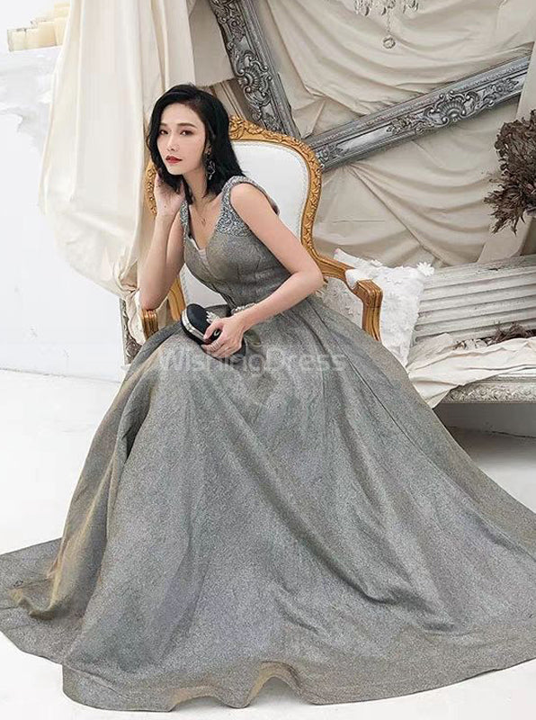 gray and silver dresses Silver Prom Dresses,Elegant Floor Length Prom Dress,PD00376