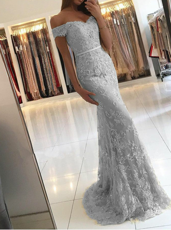 Silver Prom Dresses,Lace Prom Dresses,Mermaid Prom Dress,Off the Shoul - Wishingdress Silver Prom Dresses,Lace Prom Dresses,Mermaid Prom Dress,Off the Shoul - Wishingdress
