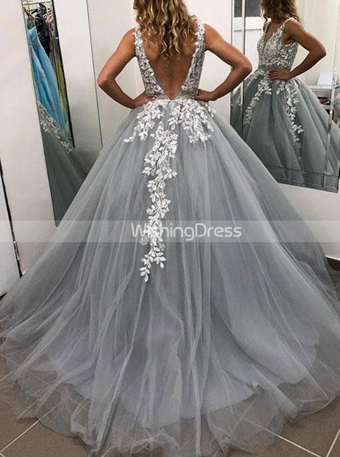 Silver Prom Gown,Tulle Ball Gown Dresses,Open Back Prom Dresses,PD0047 - Wishingdress Silver Prom Gown,Tulle Ball Gown Dresses,Open Back Prom Dresses,PD0047 - Wishingdress