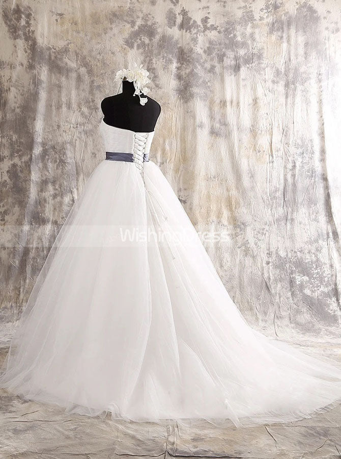 Simple A-line Tulle Wedding Dress with Belt,Sweetheart Neckline Bridal Gown,WD00573, US6 / White