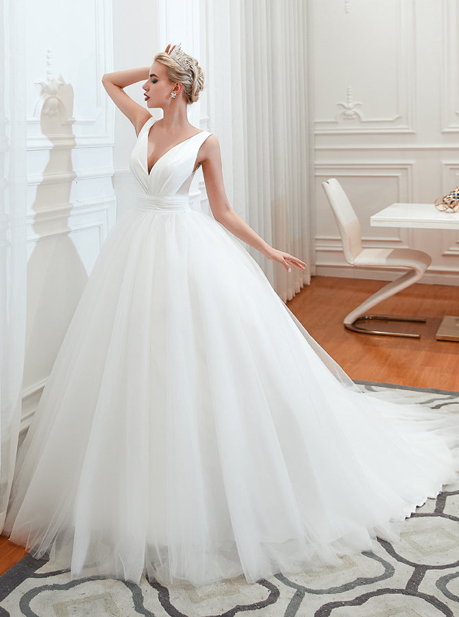 Simple Ball Gown Wedding Dresses,White Tulle Bridal Gown,WD00481, US24W / White