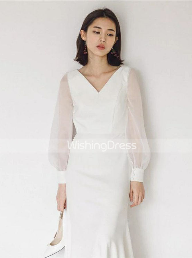 simple long sleeve sheath wedding dress Simple Wedding Dresses,Outdoor Wedding Dress with Long Sleeves,WD00439, US24W / White