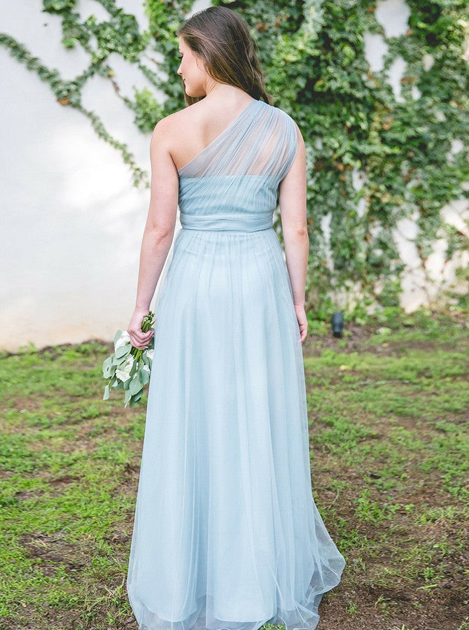 Steel Blue Bridesmaid Dress,One Shoulder Long Bridesmaid Dress,Tulle Bridesmaid Dress,BD00139
