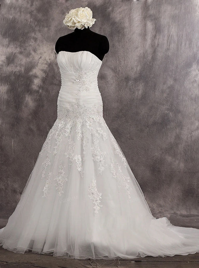 Strapless Mermaid White Wedding Dress,Tulle Pleated Wedding Gown,WD00523, US20W / Ivory