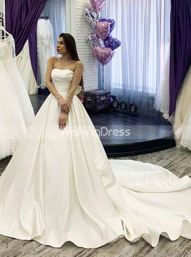 Strapless Satin Wedding Dress with Detachable Lace Jacket,WD00606, US16W / White Strapless Satin Wedding Dress with Detachable Lace Jacket,WD00606, US16W / White