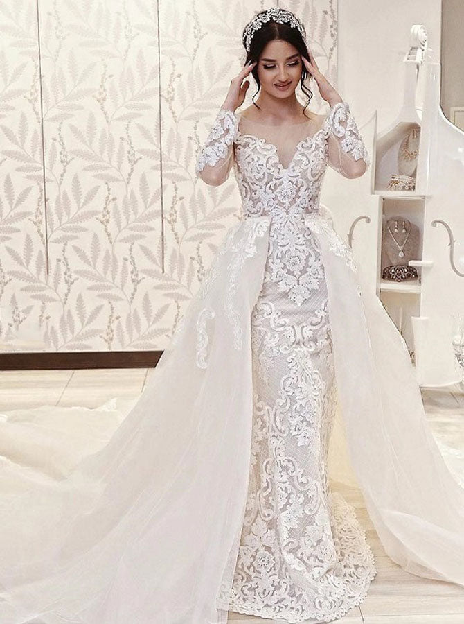 Stylish Wedding Dress with Long Sleeves,Wedding Dress with Detachable Overskirt,WD00638