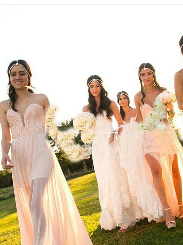 Ruched Sweetheart Bridesmaid Dress,Chiffon Long See Through Bridesmaid Dress,BD00120, US12 / Pink