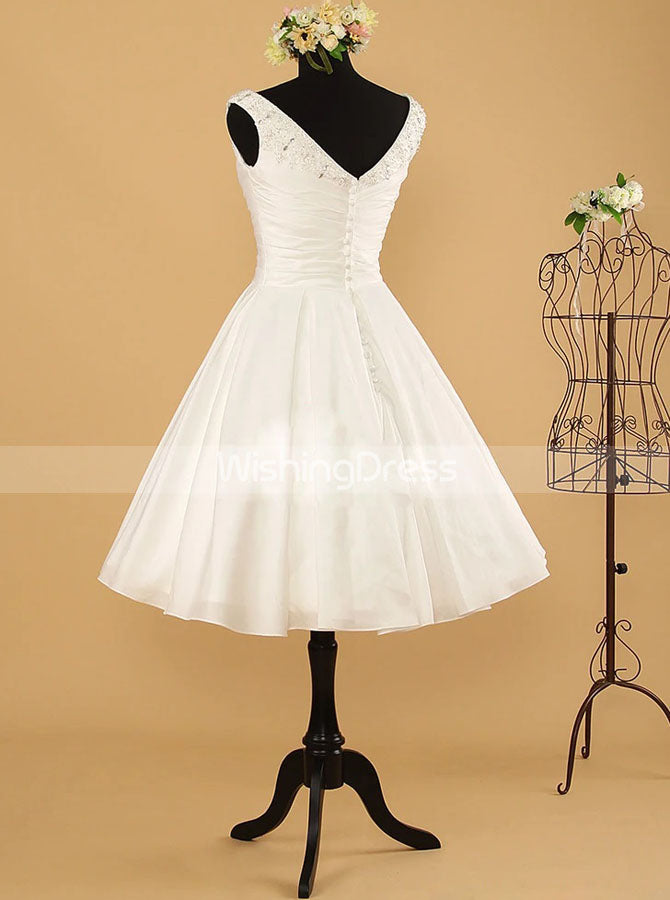 Taffeta Tea Length Wedding Dresses,Pleated Short Wedding Reception Dress,WD00570, US8 / Ivory