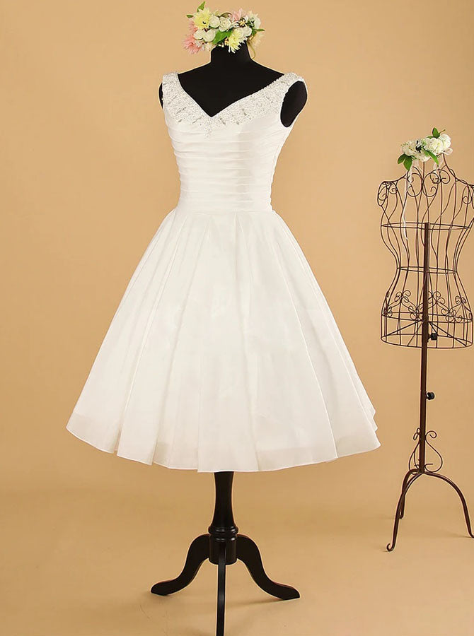 Taffeta Tea Length Wedding Dresses,Pleated Short Wedding Reception Dress,WD00570, US8 / Ivory