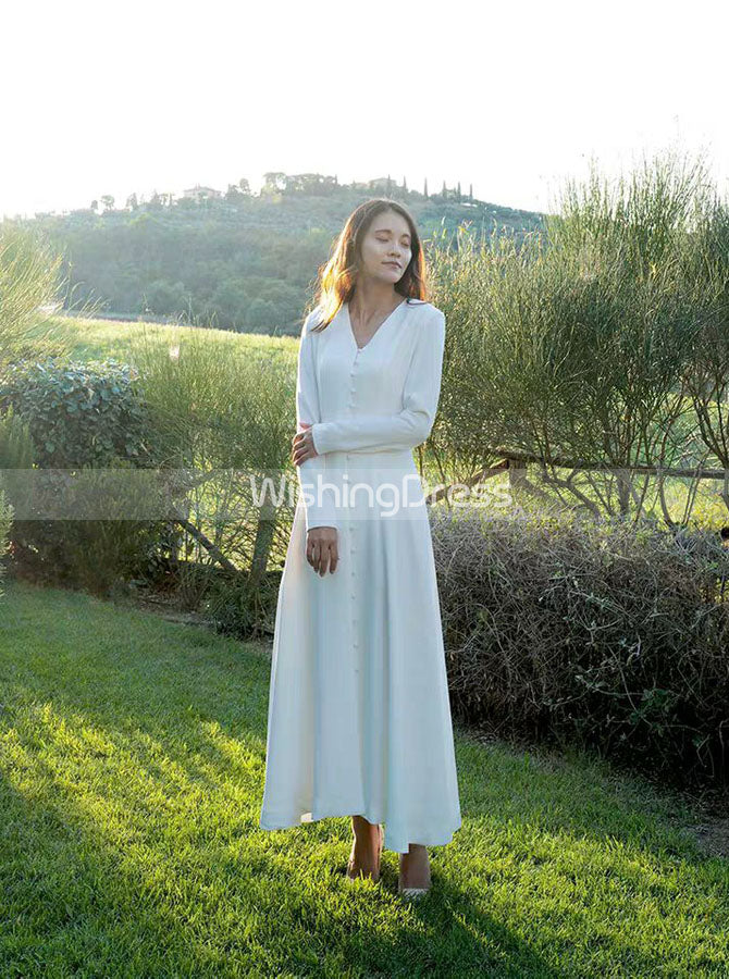 Tea Length Wedding Dresses,Beach Wedding Dress with Sleeves,WD00440, US4 / Champagne