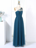 Teal One Shoulder Bridesmaid Dress,Tulle Bridesmaid Dress,Long Bridesmaid Dress,BD00203