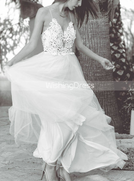 Tulle Wedding Dress with Spaghetti Straps,Floor Length Beach Wedding Dress,WD00454