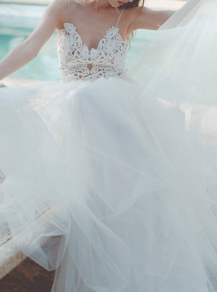 Tulle Wedding Dress with Spaghetti Straps,Floor Length Beach Wedding Dress,WD00454