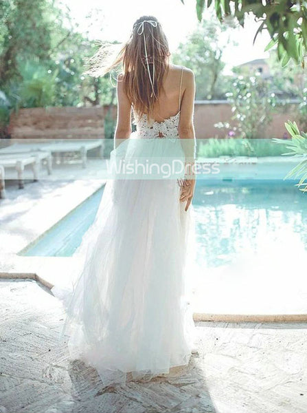 Tulle Wedding Dress with Spaghetti Straps,Floor Length Beach Wedding Dress,WD00454