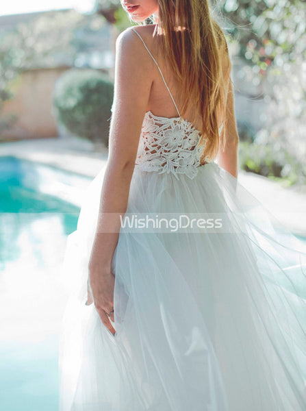 Tulle Wedding Dress with Spaghetti Straps,Floor Length Beach Wedding Dress,WD00454