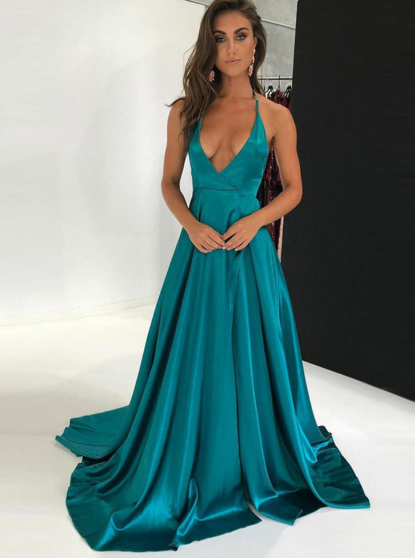 Turquoise Prom Dress,Halter Prom Dress with Train,Backless Evening Dress PD00026, US24W / Dark Navy Turquoise Prom Dress,Halter Prom Dress with Train,Backless Evening Dress PD00026, US24W / Dark Navy