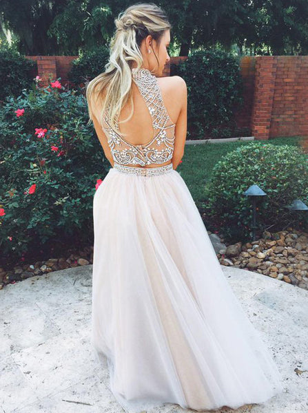 Two Piece A-line Prom Dress,Tulle Two Piece Evening Dress,Backless Prom Dress PD00101