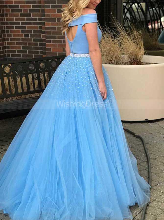 Two Piece Blue Prom Dresses,Princess Prom Dress,Off the Shoulder Evening Dress,PD00425